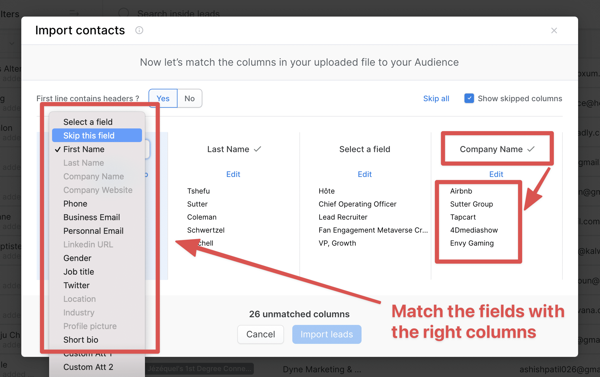 match data import linkedin lead list