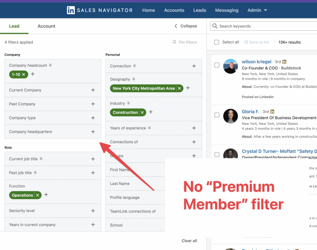 aucun filtre de membre premium sur sales navigator