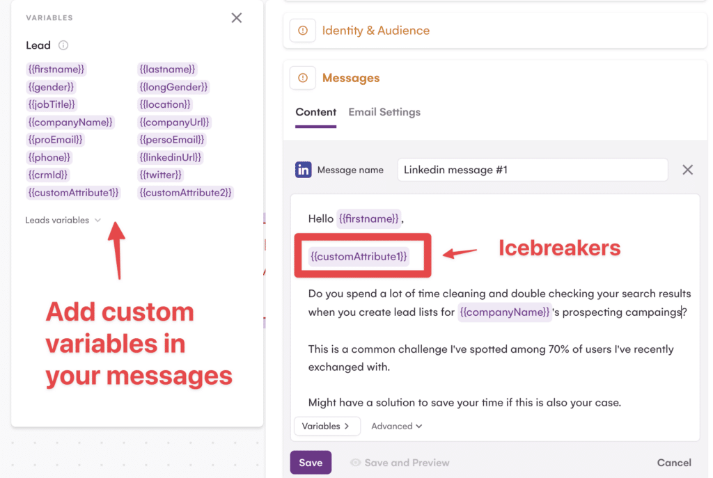 custom variables linkedin prospecting messages