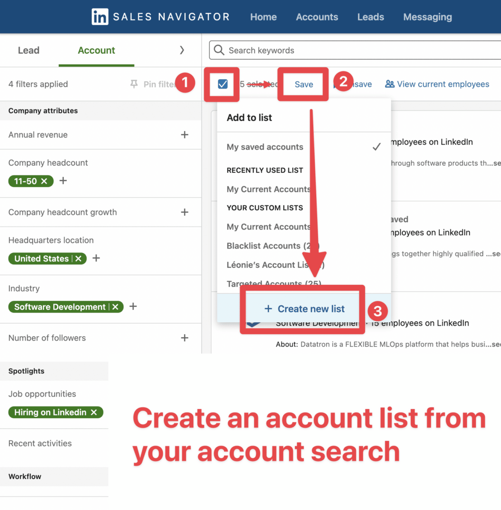 create account list from search sales navigator