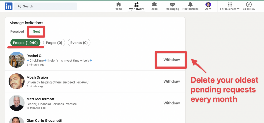 delete pending connection request linkedin
