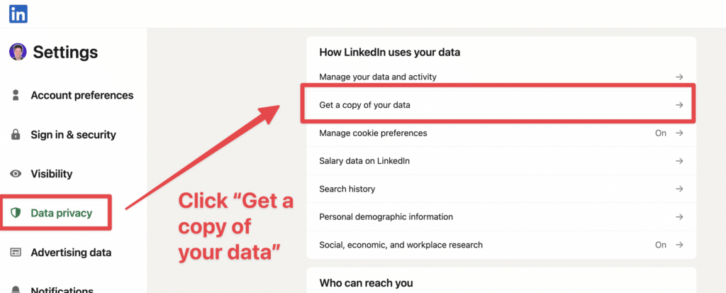 click get a copy of your data