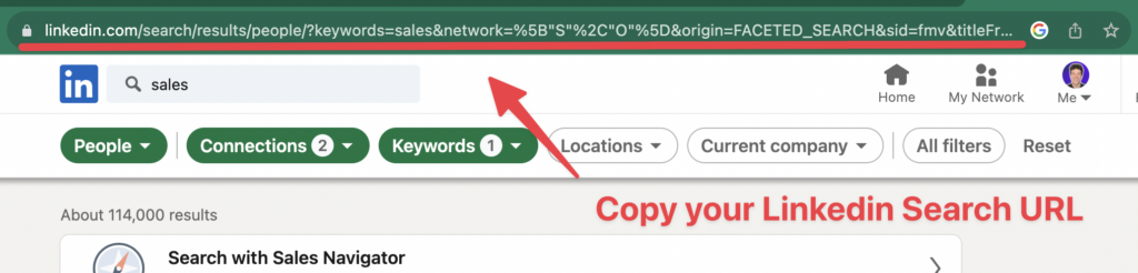 copy linkedin search url to export