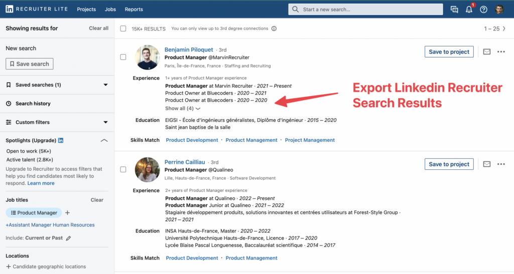 export linkedin recruiter search