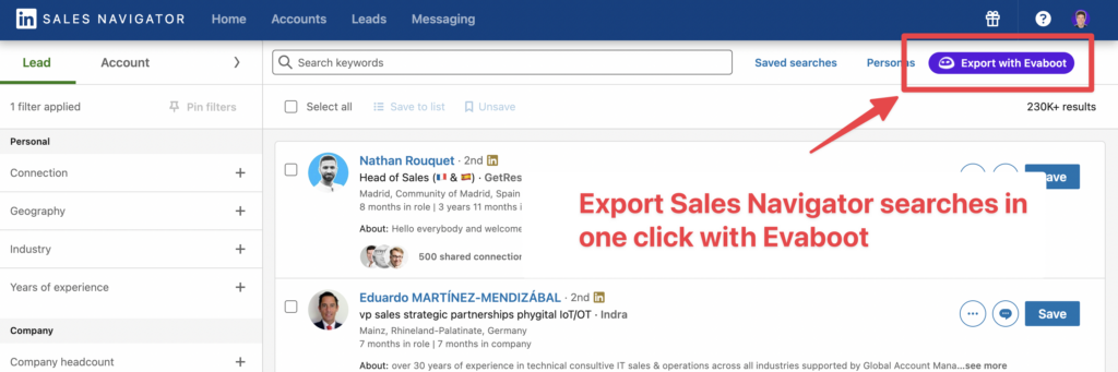 export linkedin sales navigator searches