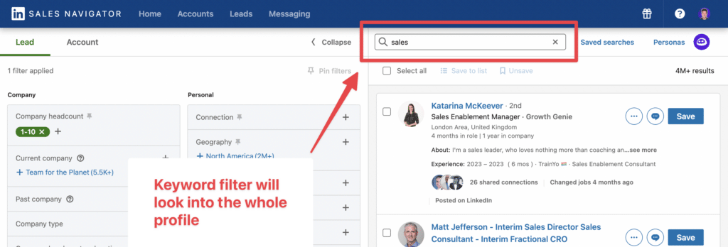 sales navigator lead keyword filter