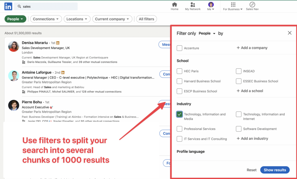 split linkedin search results