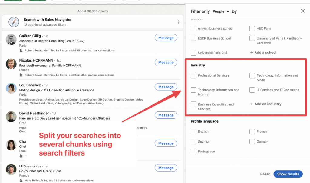 split linkedin searches