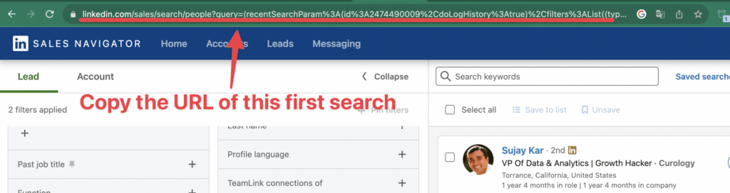 copy url sales navigator search
