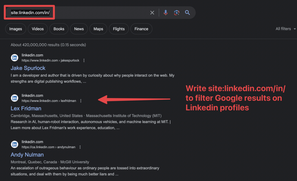 get linkedin profiles from google search results
