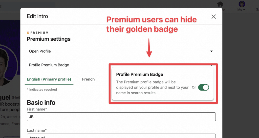 masquer le badge linkedin premium 