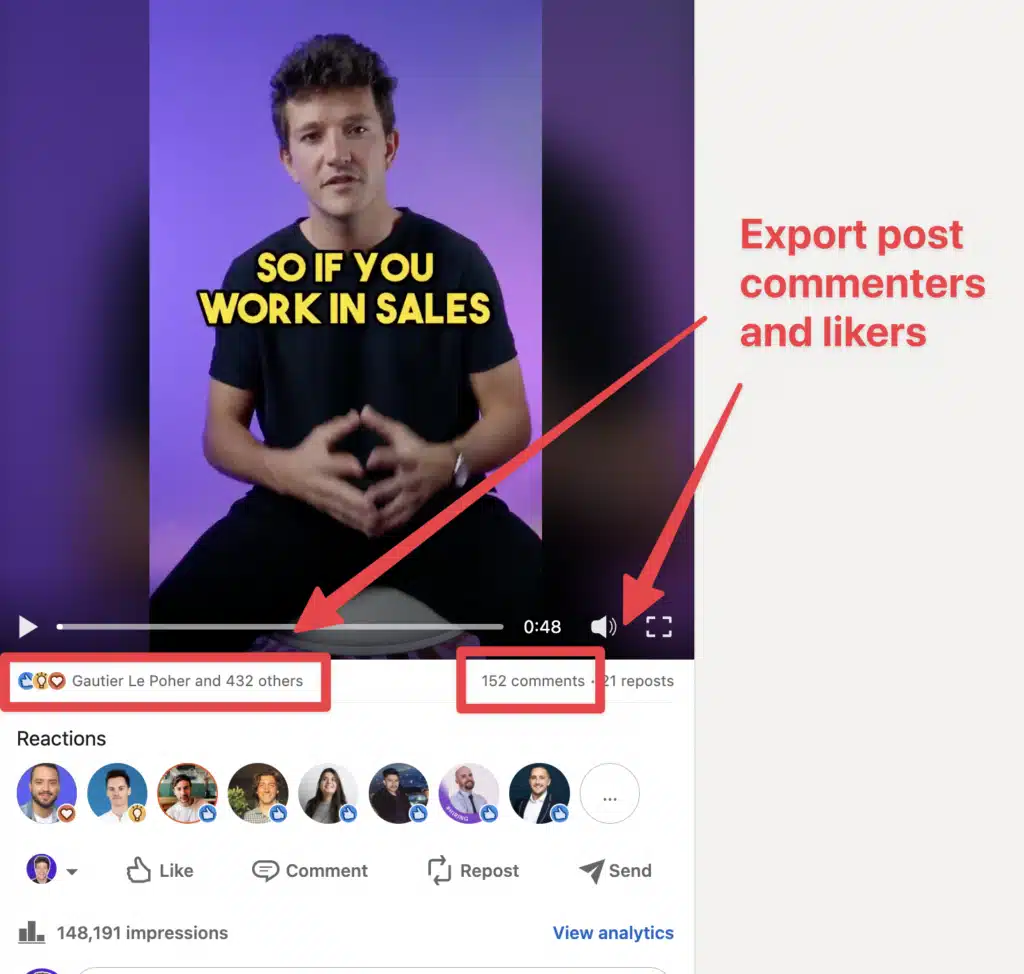 export linkedin post commenters and likers