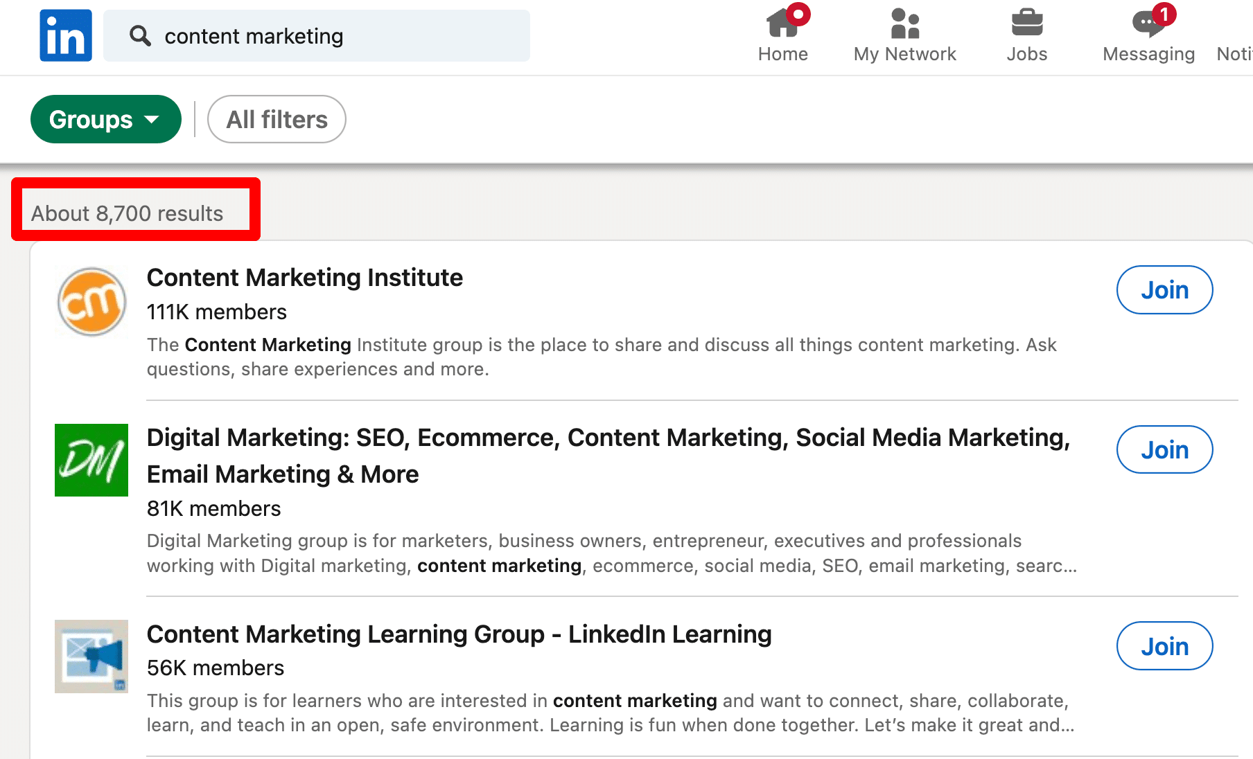linkedin groups search result example