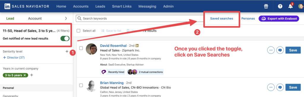 access saved search sales navigator