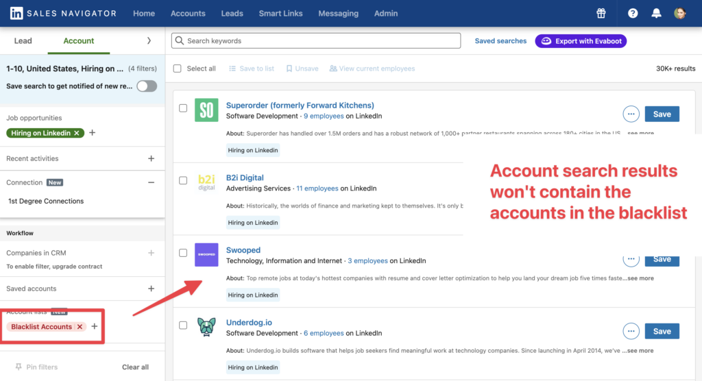blacklist companies account search results