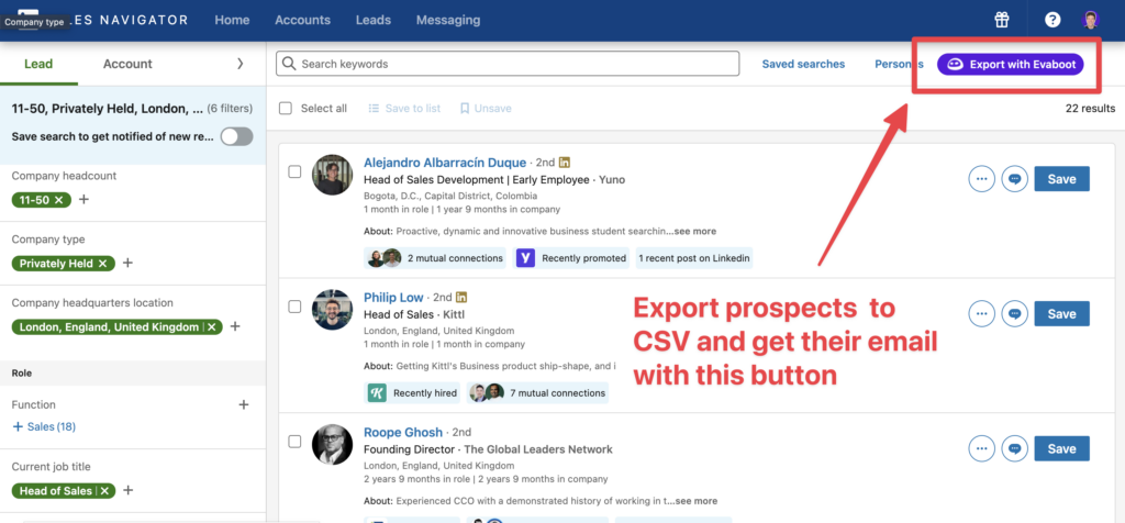 export sales prospecting lists csv file