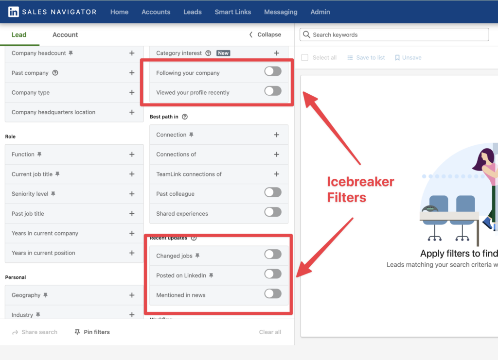 icebreaker filters sales navigator