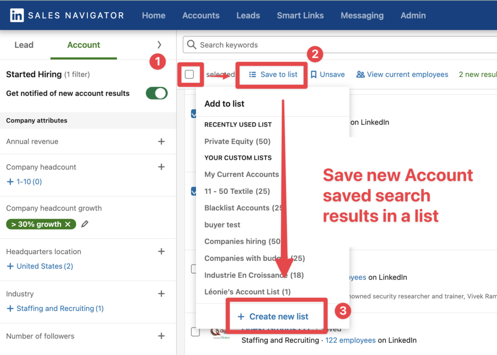 save new results in account list sales navigator
