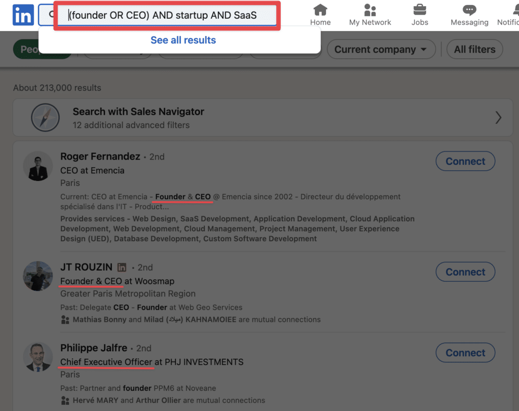 boolean search on linkedin with separators and or