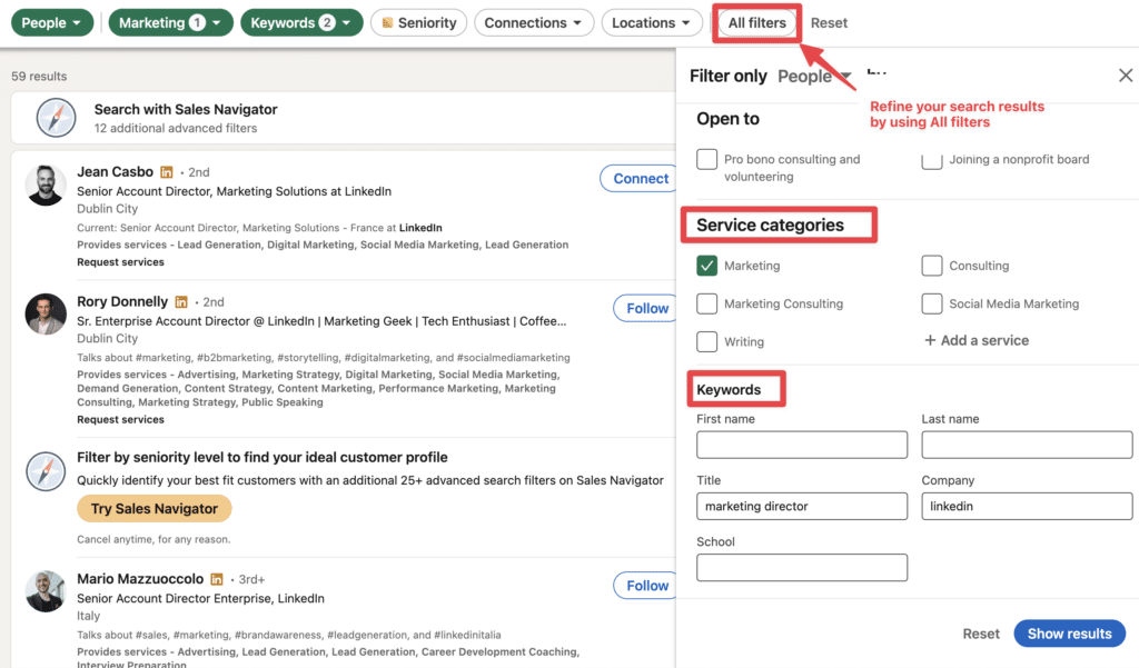 how to use linkedin search filters for better results