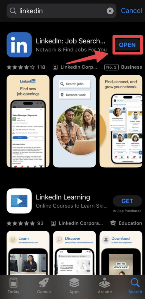 open linkedin on your iphone app store