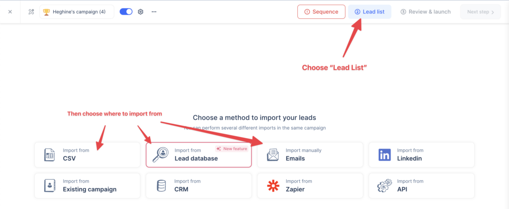 choose one of several options of how to import your leads to lemlist 