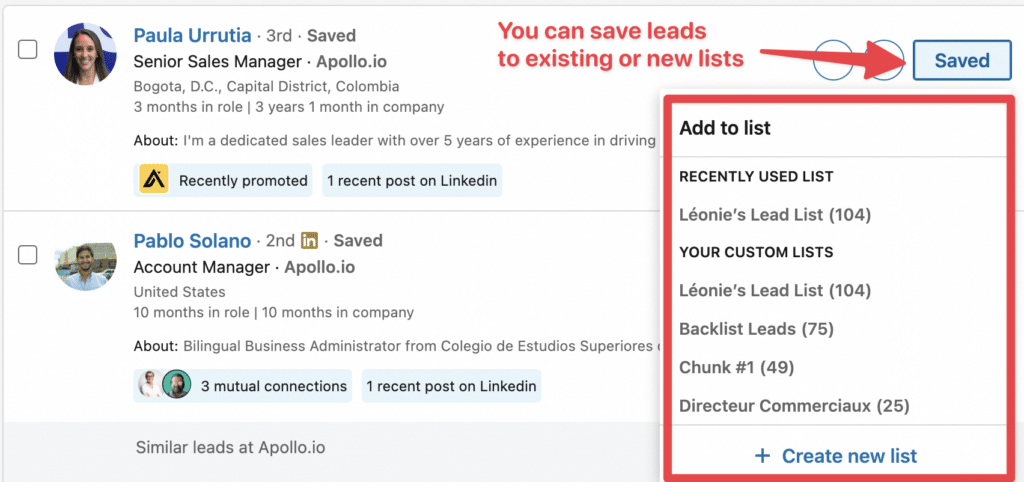save your leads and accounts and organize them in existing or new lists