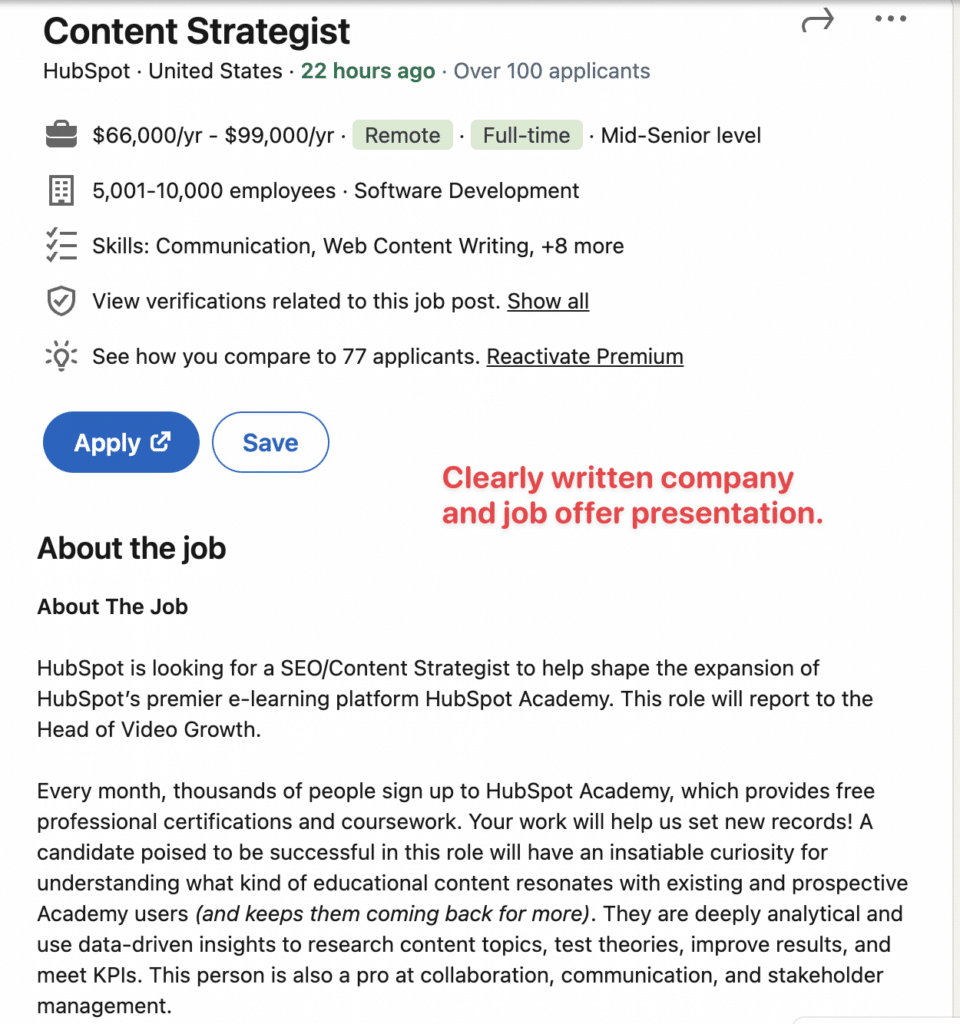 good linkedin job offer example
