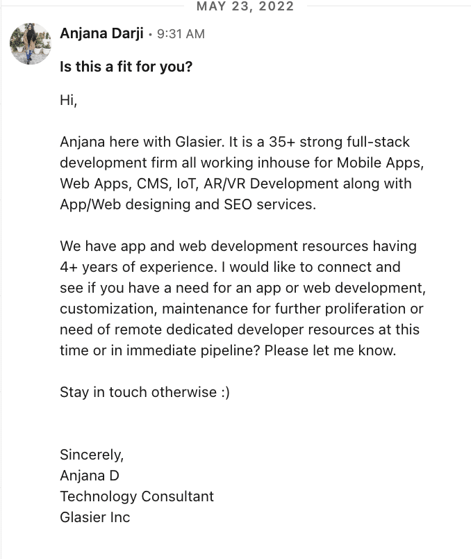 hyper-personalized linkedin cold message bad example