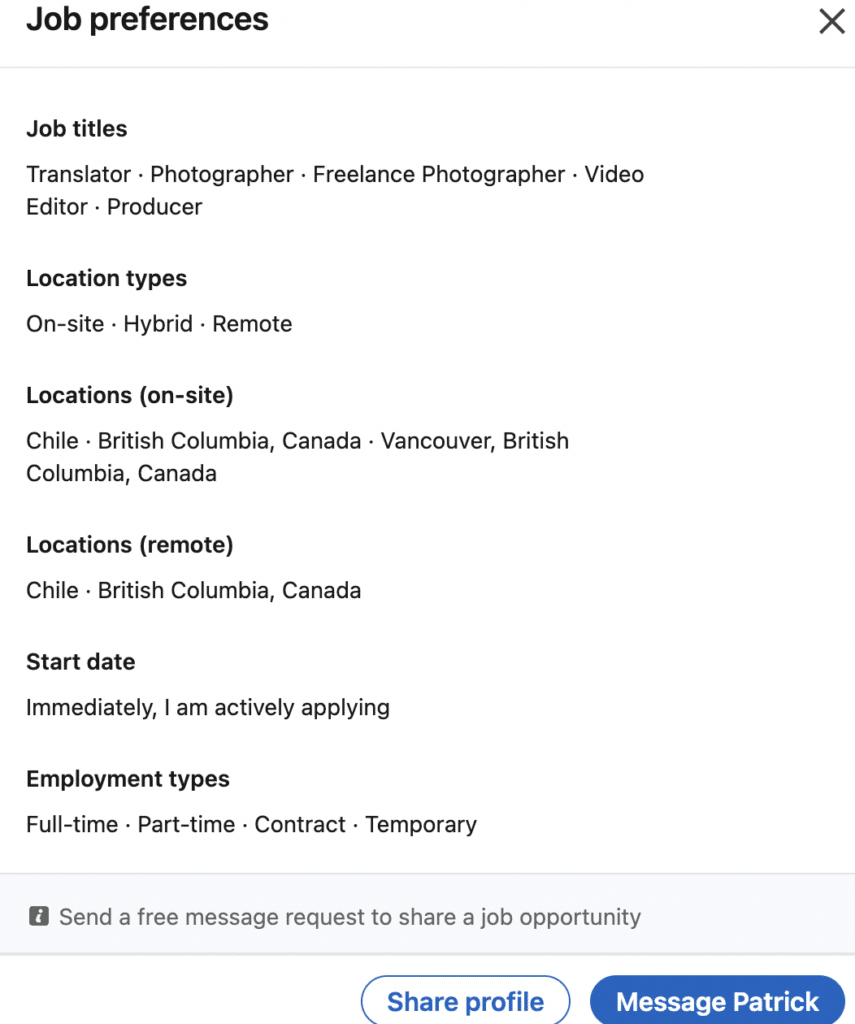 view job preference on linkedin