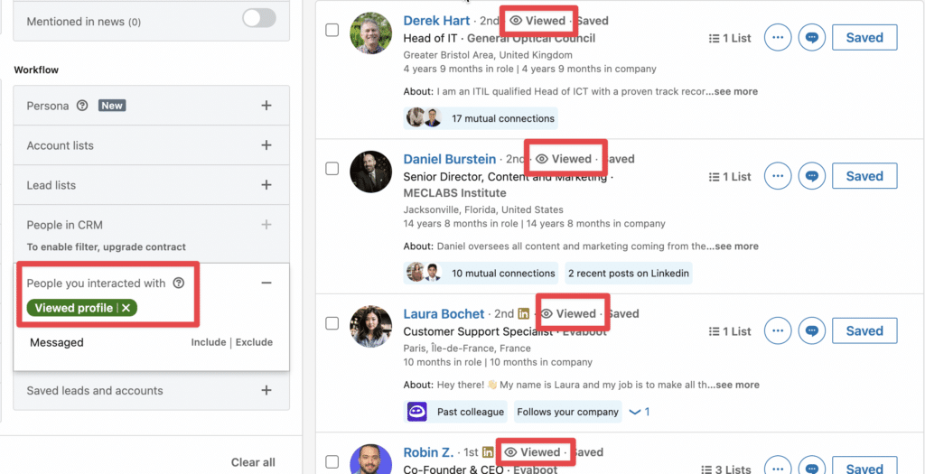 filter your leads by people you interacted with