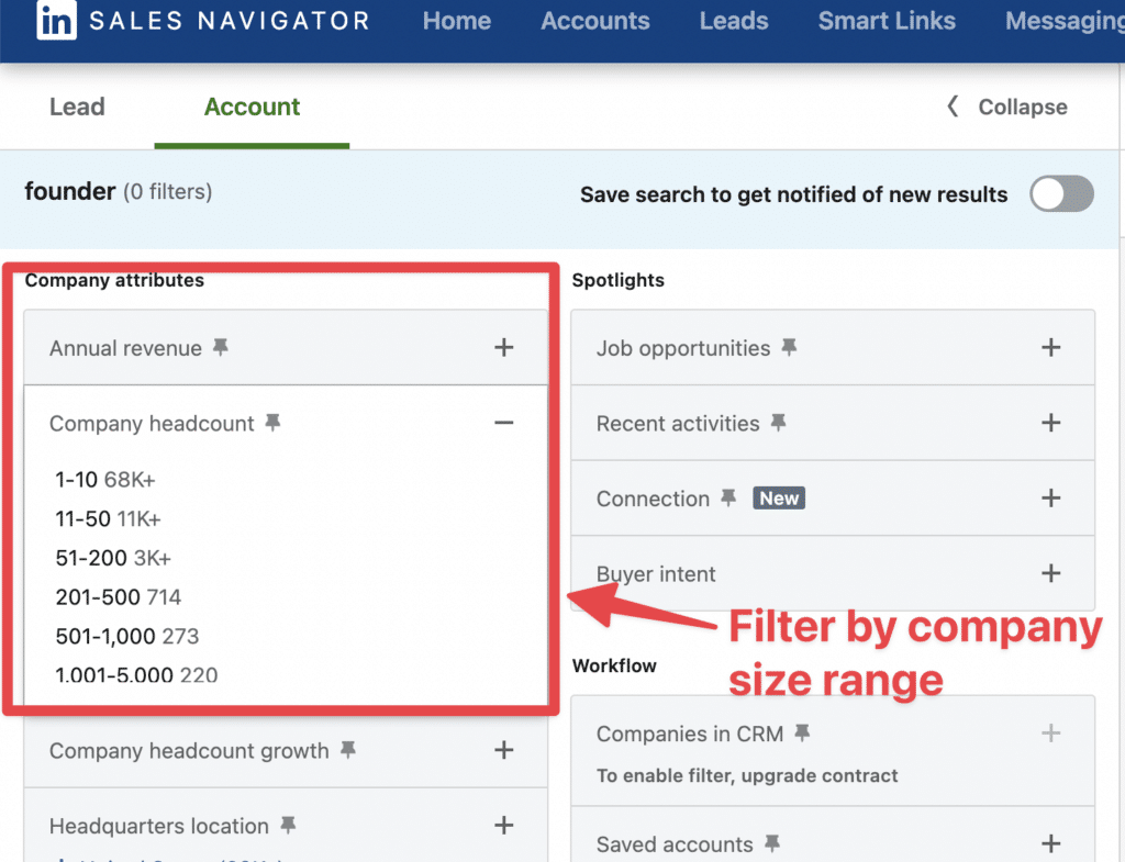 company size filter sales navigator