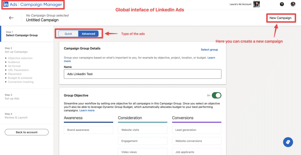 create a new linkedin ads campaign