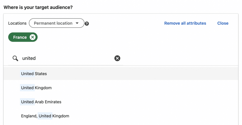 location filter of your target audience linkedin ads