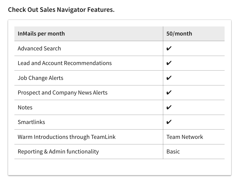 linkedin sales navigator features in comparison to team and enterprise