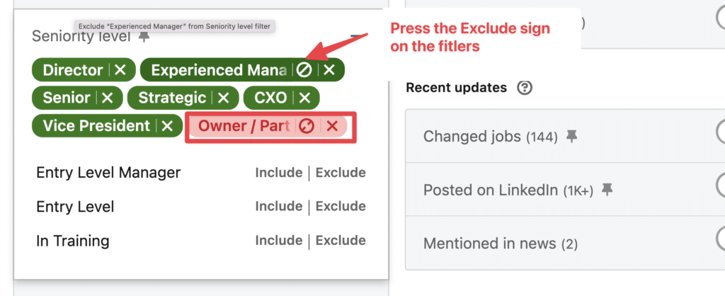 how to exclude filter on sales navigator