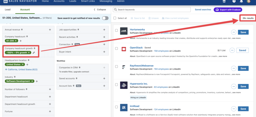 split account results with headcount growth filter