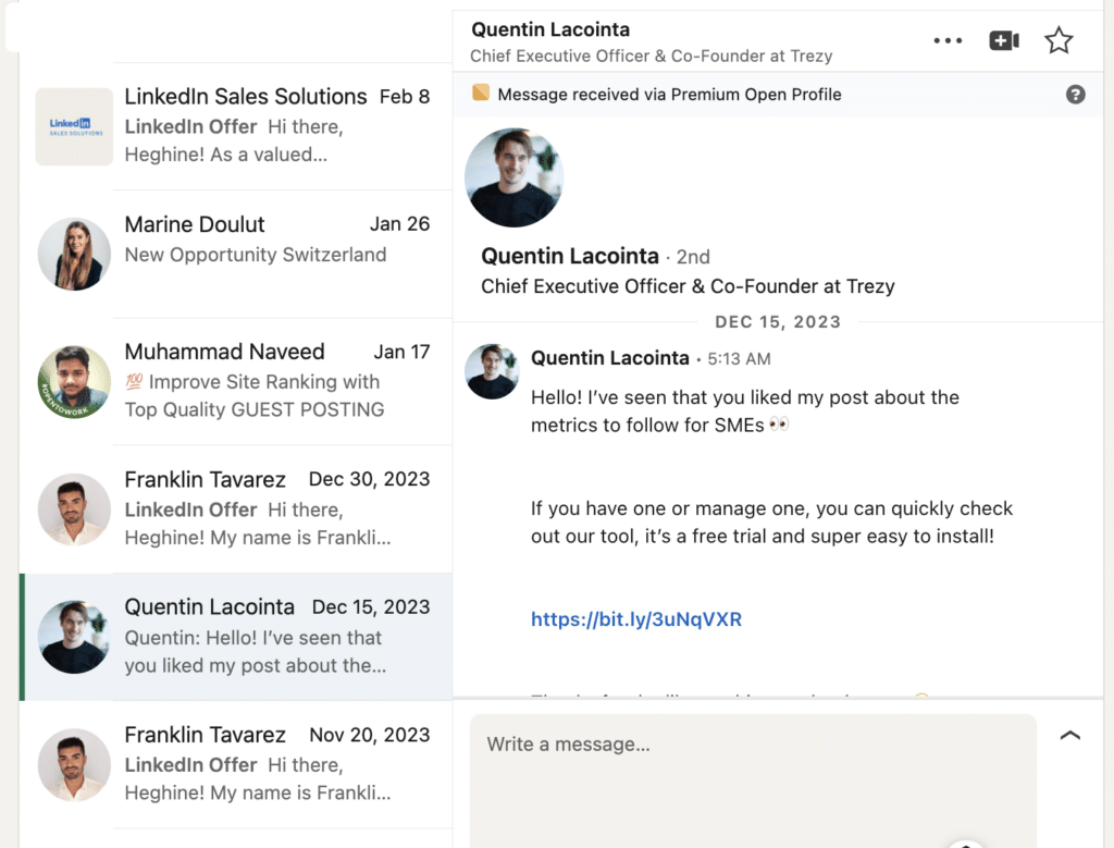 linkedin outreach inbox example 
