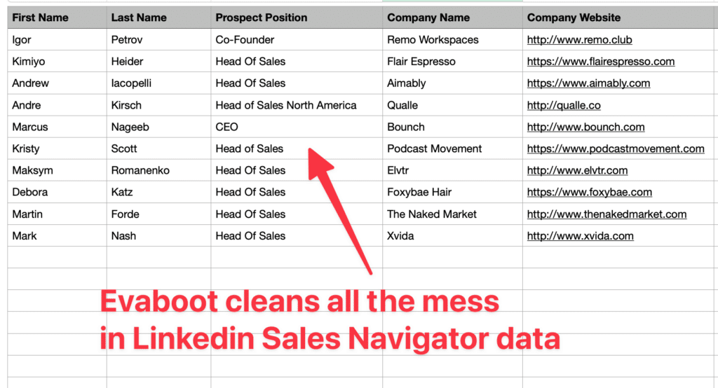 exoprt sales navigator data with evaboot 