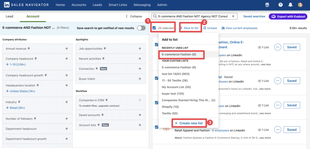 how to create an e-commerce account list on linkedin sales navigator
