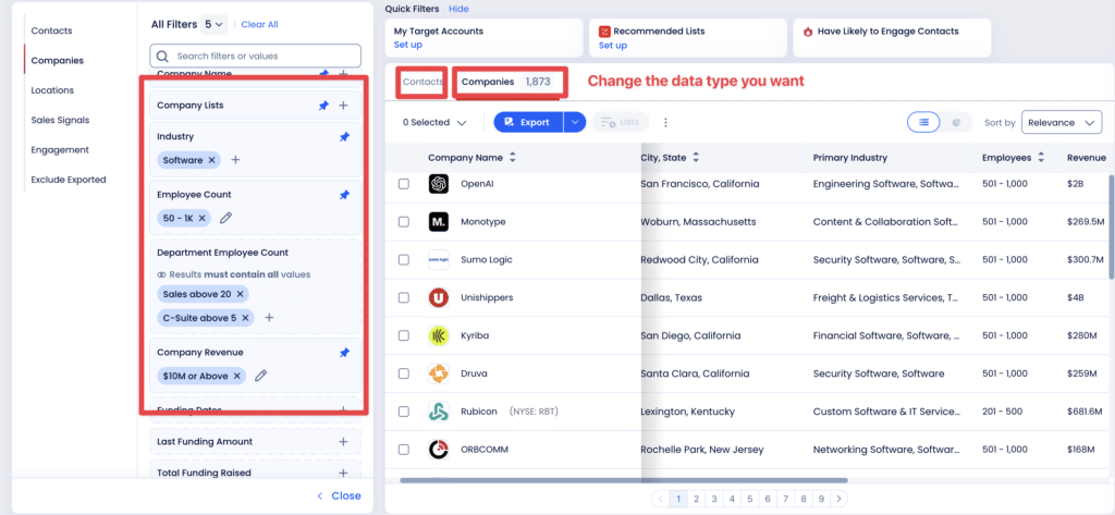company list industry filter zoominfo