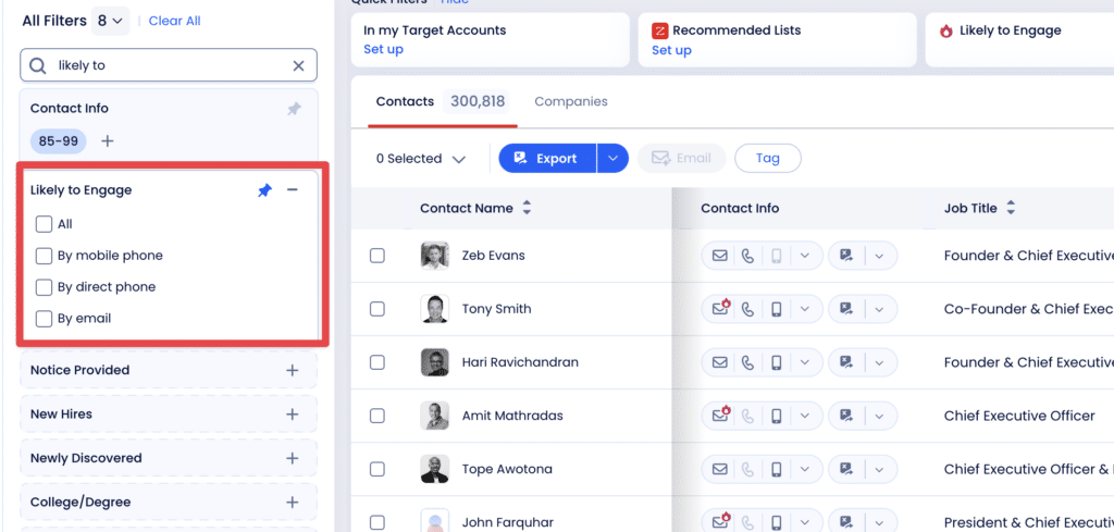 contact info filters zoominfo