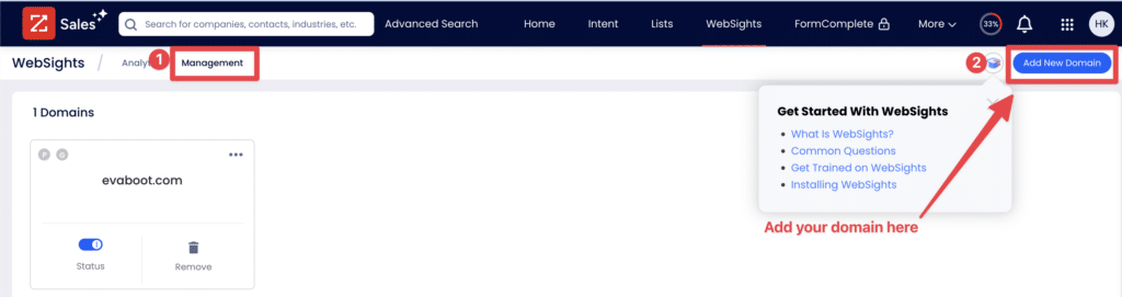 add your company domain to zoominfo websight