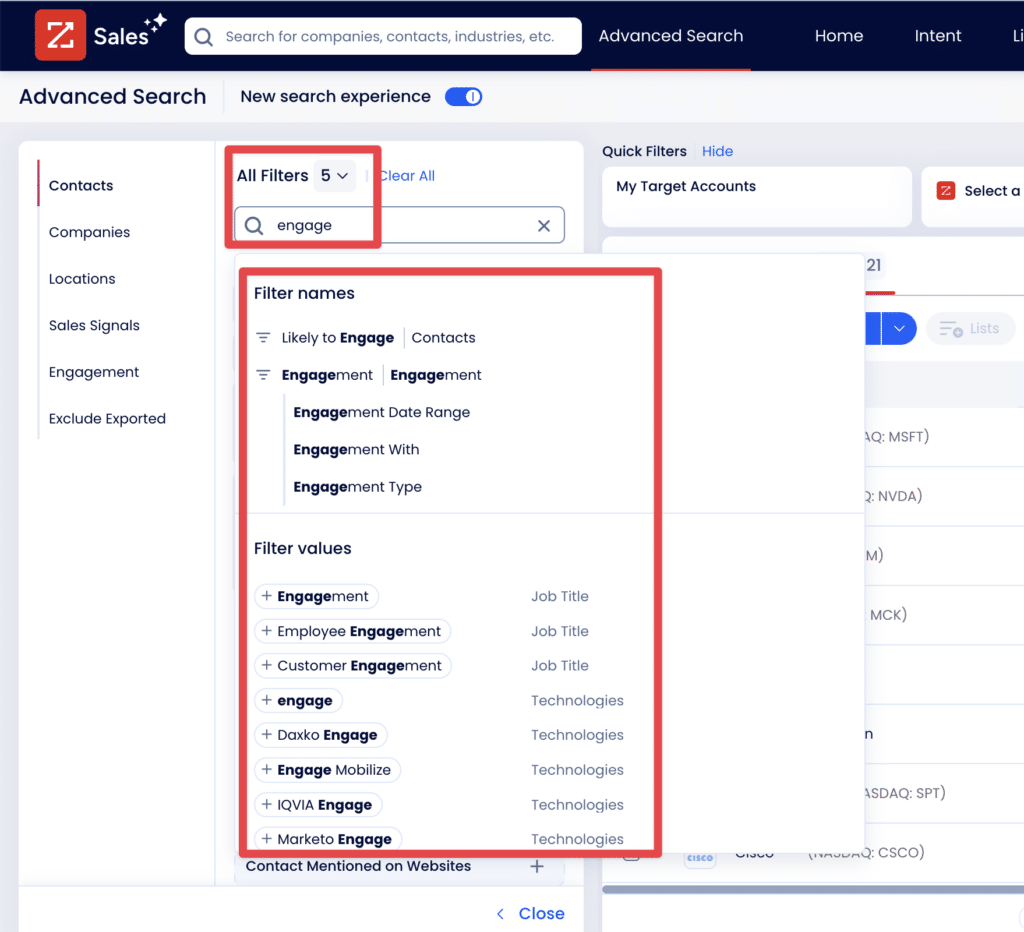 zoominfo advanced search filters