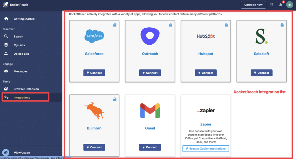 rocketreach integration list crm