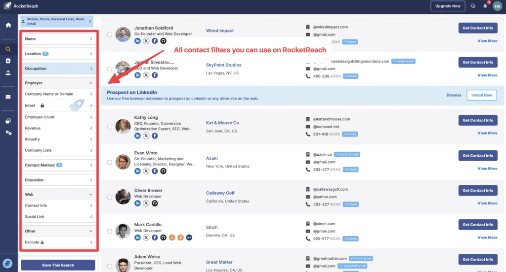 contact search filters rocketreach