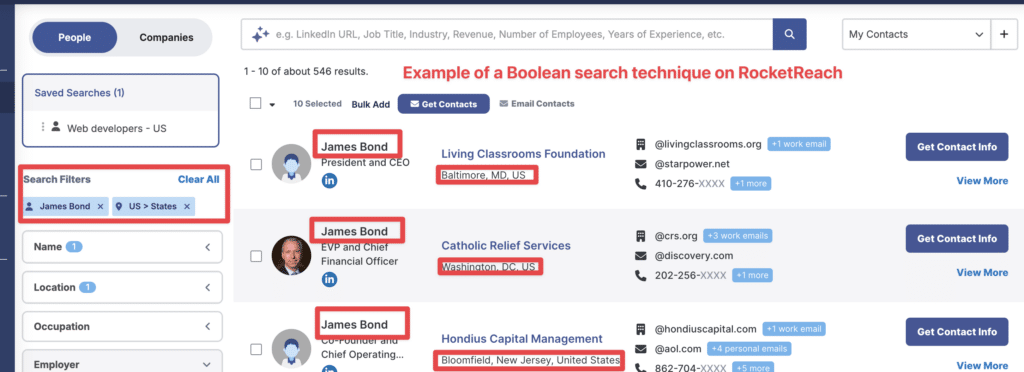 boolean search technique on rocketreach