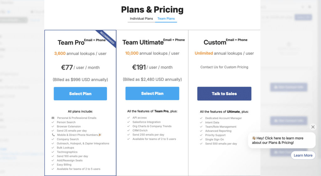 rocketreach team pricing plans