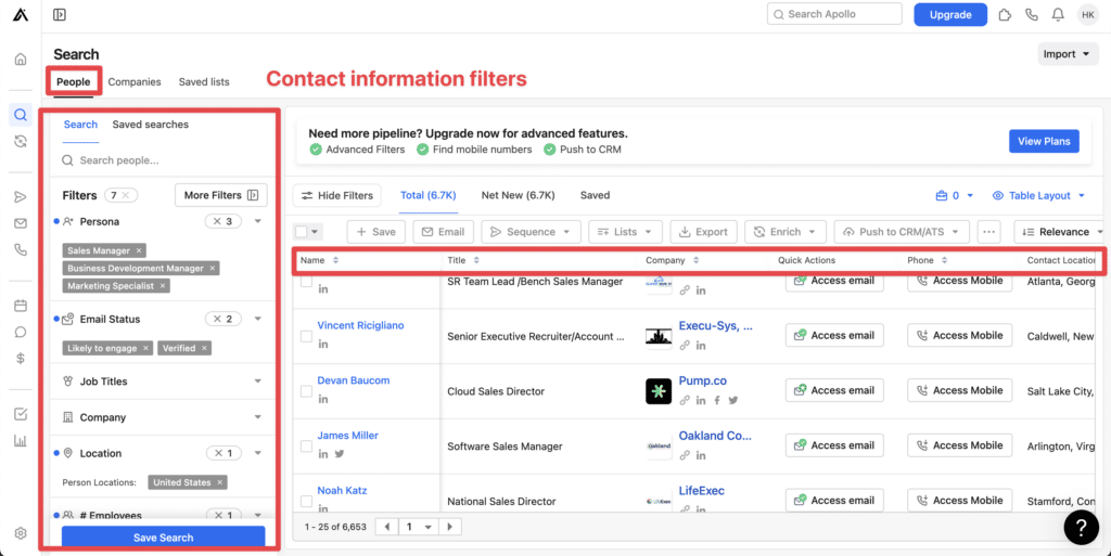 apollo contact data filters