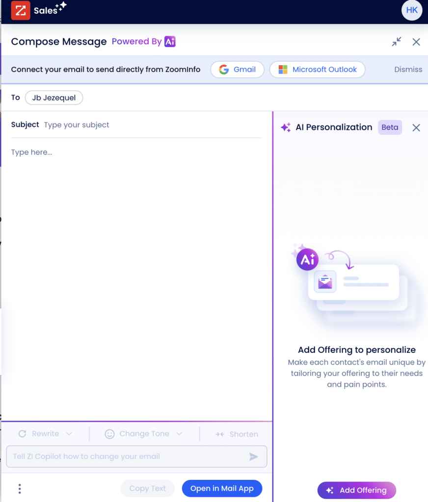 zoominfo artificial intelligence for writing messages 
